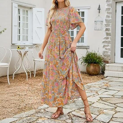 🌸Kvinnors casual blommönstrad maxiklänning – Flutter ärmar, Smockad Hög Midja & Flödande Kjol i lager ✨