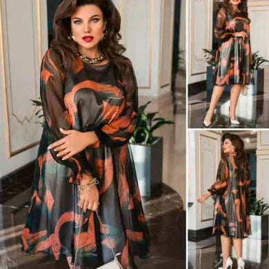 🎀🎀 Rund hals Långärmad tryckt blommig klänning