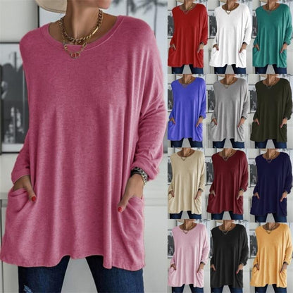 💥Rund hals Långärmad lös ficka Solid T-shirt