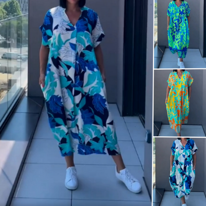 👗49% RABATT! 🌸 Elegant V-halsad Klänning med Tryck för Kvinnor – Flytande Tyg, Smickrande Passform & Perfekt för Våren ☀️