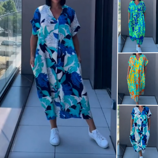 👗49% RABATT! 🌸 Elegant V-halsad Klänning med Tryck för Kvinnor – Flytande Tyg, Smickrande Passform & Perfekt för Våren ☀️