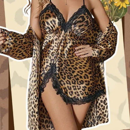 💥Sexigt set med leopardmönstrad morgonrock och nattlinne💕