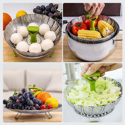 🥘 Cesto de cozimento a vapor dobrável de aço inoxidável ✨ Economiza espaço, resistente, cozimento saudável ⚡ 49% DE DESCONTO! Ideal para seus legumes 🥦