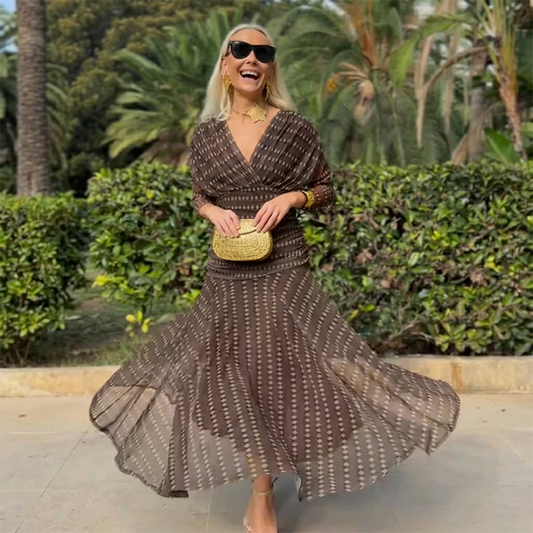 ⏳Begränsad tid 49 % Rabatt⏰Bohemisk maxiklänning med V-ringning och rynkad mesh👗
