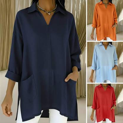 ✨Bästsäljare🔥Löst sittande V-ringad enfärgad casualskjorta för damer👚