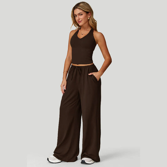 👗 49% RABATT ✨ | 2-delat Set – Halterneck Topp & Vida Byxor