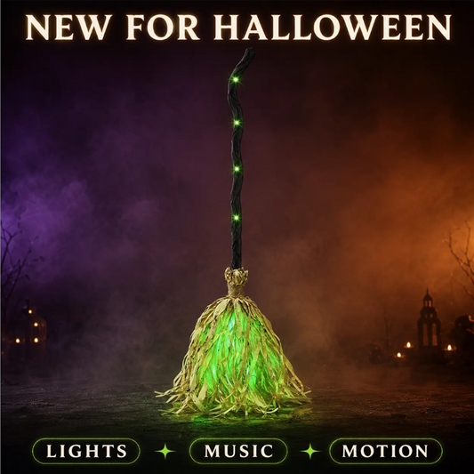 🧙 Decoração animada de Halloween em forma de vassoura de bruxa com luzes e som