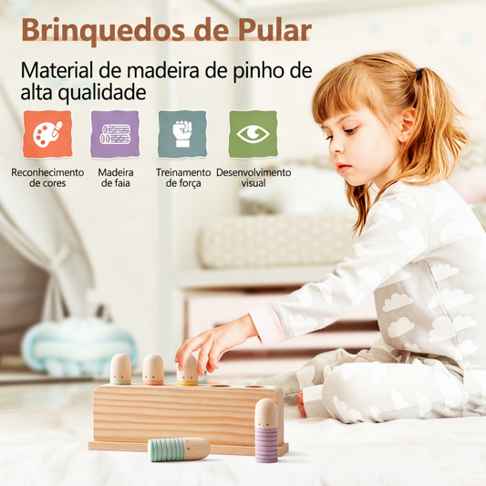 Brinquedo de madeira pop-up com fantoches multicoloridos