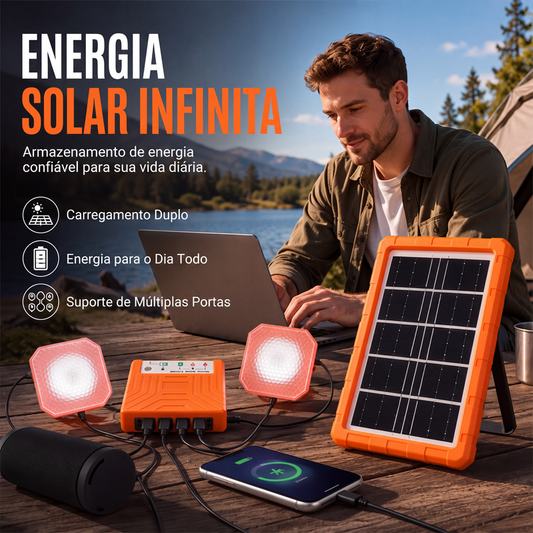 ☀️🔋 Sistema de energia solar portátil – Gerador solar com USB/Type-C e 2 luzes LED