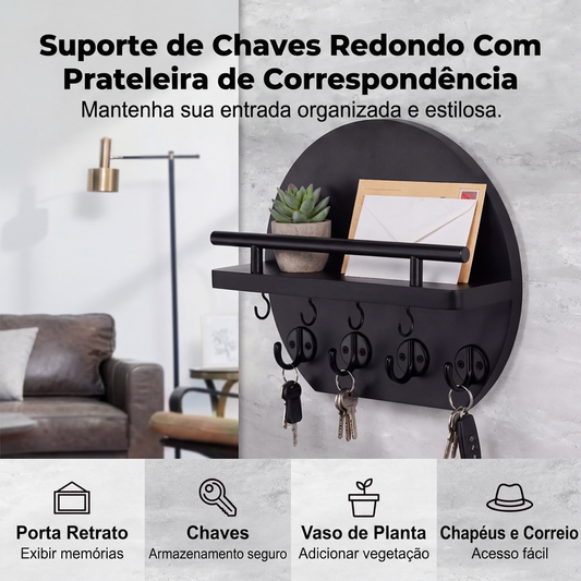Suporte de parede para chaves com prateleira e ganchos