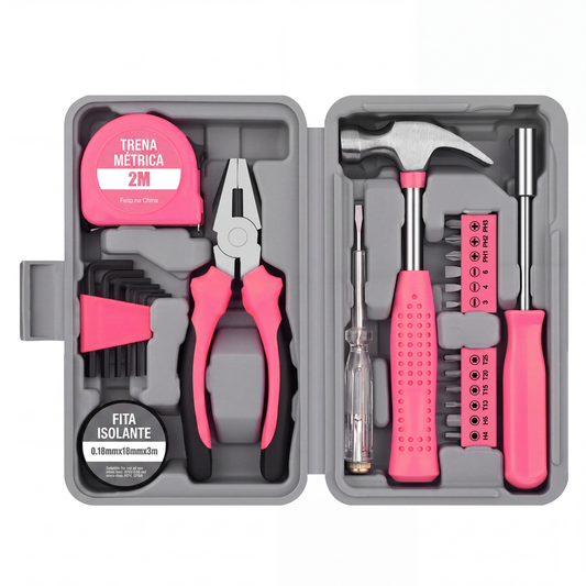 📢📢 40% DE DESCONTO !!⏰Kit de Ferramentas Domésticas Portátil com 24 Peças – Inclui Estojo de Armazenamento, Martelo, Chave de Fenda, Alicate, Fita Métrica e Pontas para Reparos Domésticos DIY