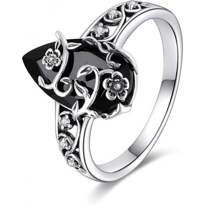💍46% OFF NOW! 🌿 Vintage Floral Vine Ring – Black Teardrop Gem, Sparkling Accents & Openwork Band ✨