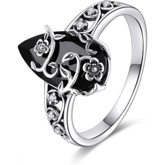 💍46% OFF NOW! 🌿 Vintage Floral Vine Ring – Black Teardrop Gem, Sparkling Accents & Openwork Band ✨