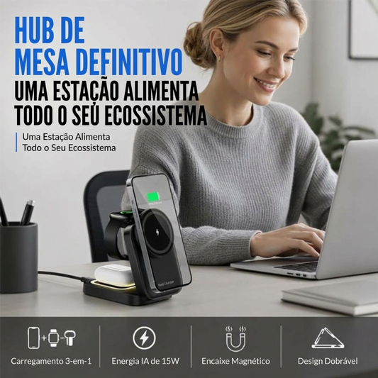 Estação de Carregamento Sem Fio Dobrável 3 em 1, Carregador Rápido de 15W com Suporte de Mesa