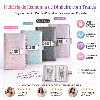📒✨ PASTA PARA ORÇAMENTO COM GLITTER E FECHADURA PARA ECONOMIAS EM DINHEIRO 💰🔒
