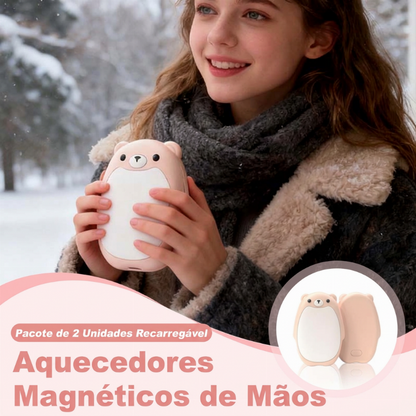 Conjunto com 2 aquecedores de mãos magnéticos recarregáveis em formato de urso